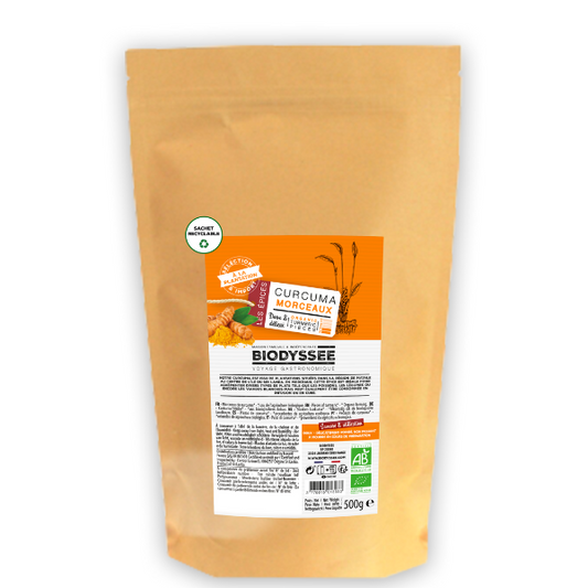 Biodyssée -- DDM 15.08.2024 Curcuma en morceaux biodyssée bio Vrac (origine Sri Lanka) - 500 g