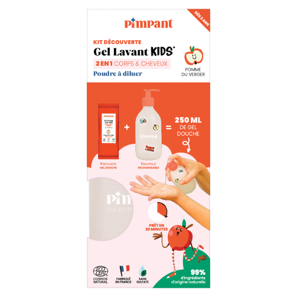 Pimpant -- Kit découverte Gel lavant Kids 2 en 1 pomme du verger poudre à diluer - 1 bouteille + 1 recharge